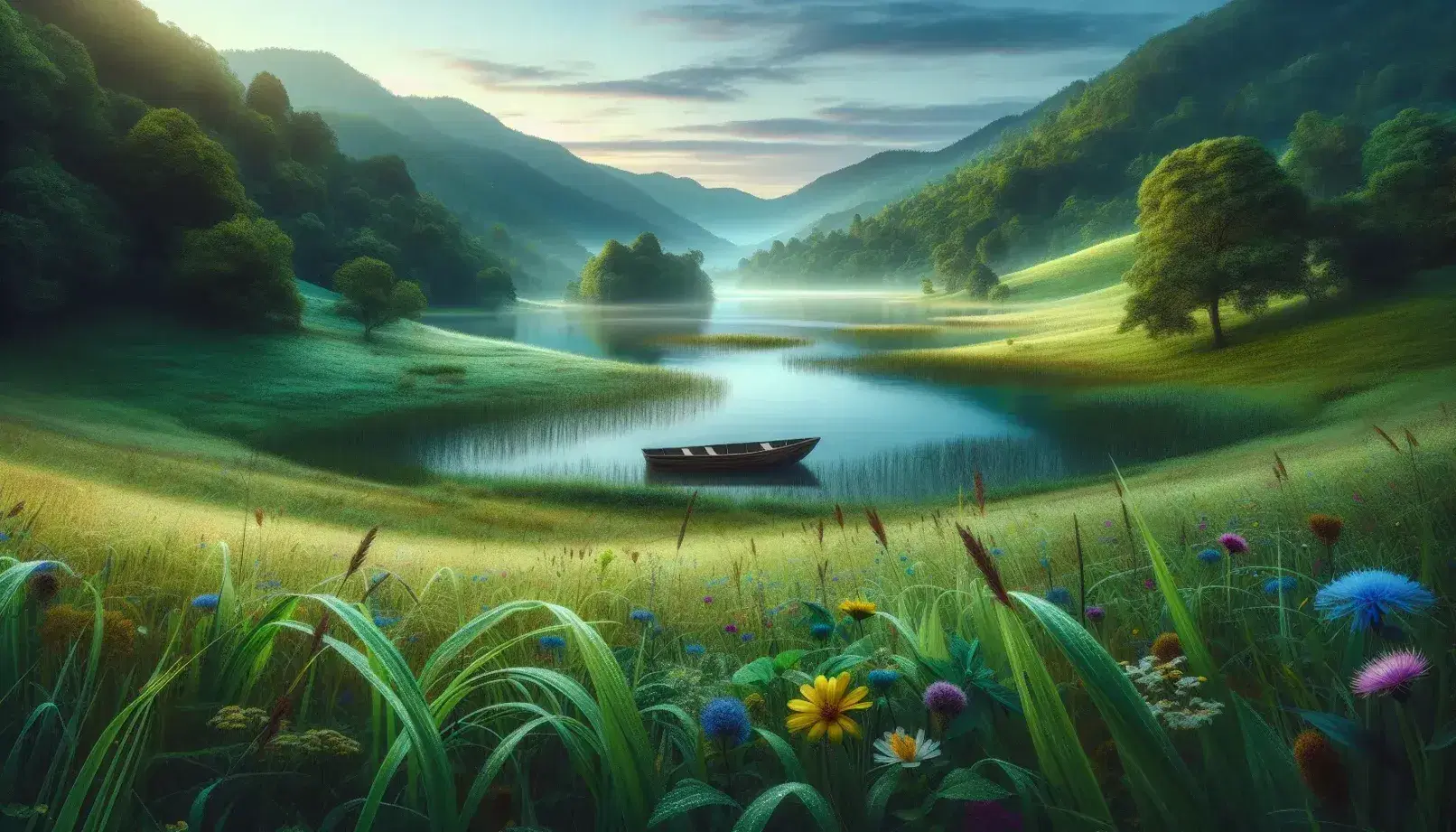 Serene dawn landscape with a lush meadow, wildflowers, a calm lake with a rowboat, rolling forested hills, and a colorful sunrise sky.