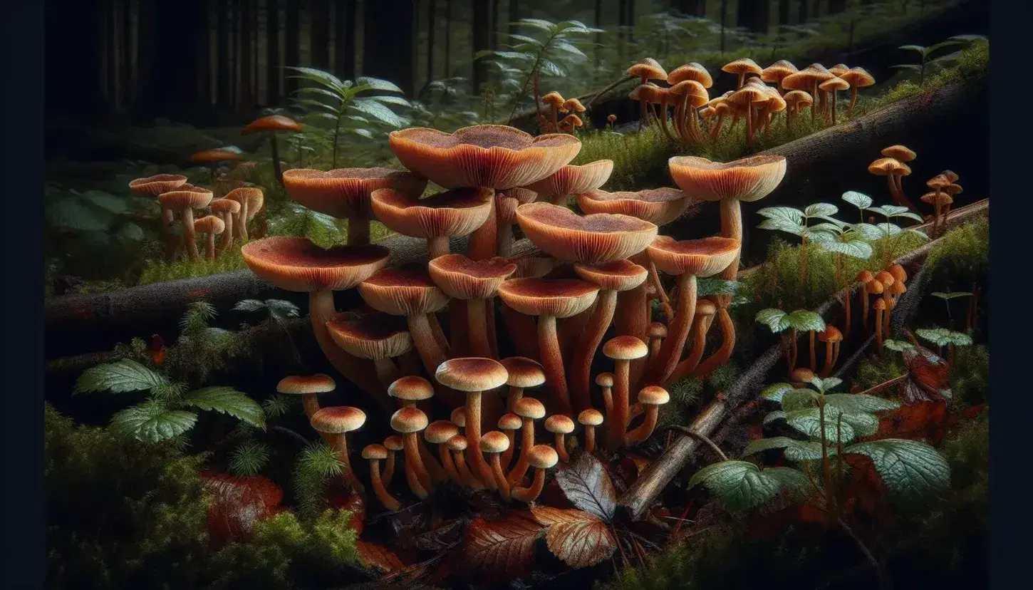Variedad de hongos silvestres creciendo en un bosque húmedo y sombreado, con sombreros rojizos y tallos curvos, rodeados de vegetación y musgo.