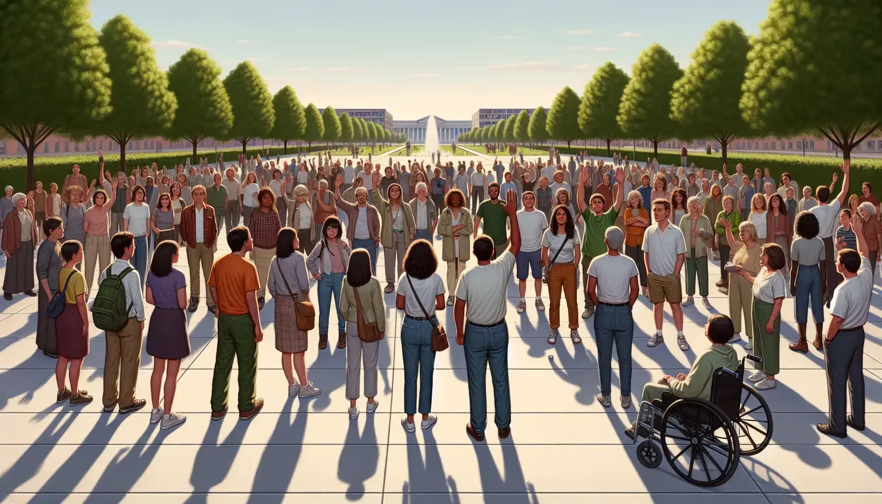 Grupo diverso participando en diálogo comunitario al aire libre en un parque urbano, con una persona en silla de ruedas, sin uso de tecnología visible y un cielo despejado.