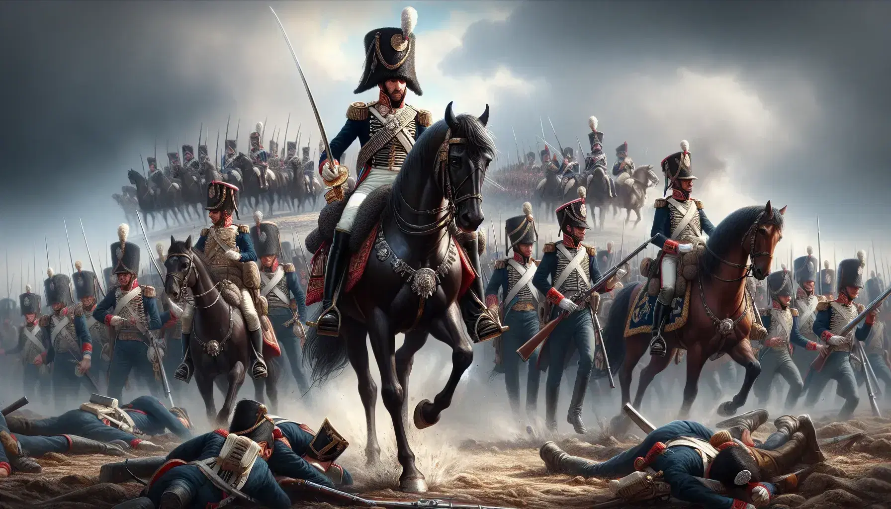 Escena de batalla de la era napoleónica con soldados en uniformes azules y jinete con capa roja en caballo alzado.