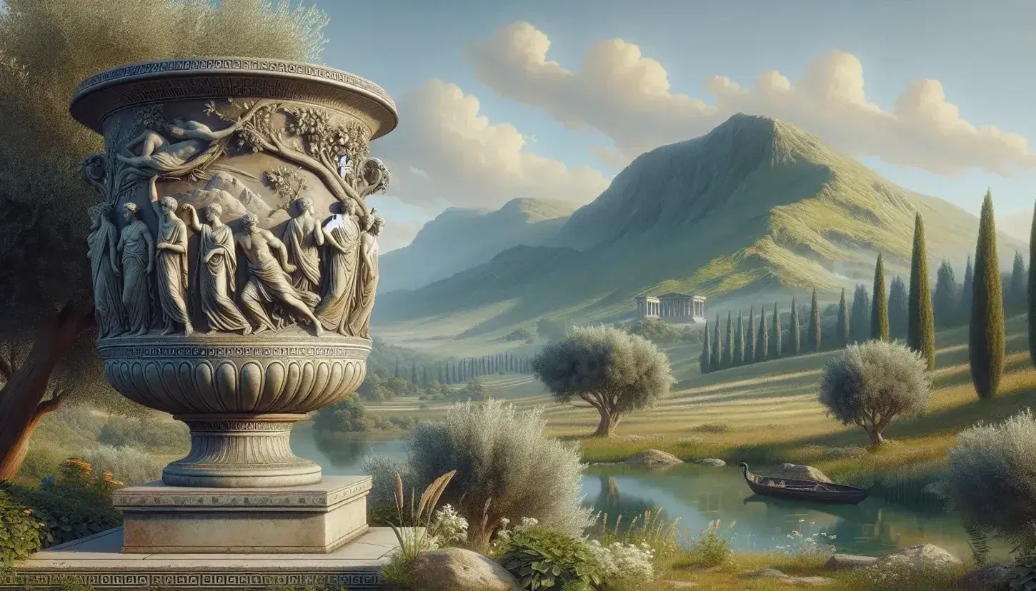 Grecian urn with bas-relief figures on a pedestal, surrounded by olive trees, rolling hills, and a reflective body of water under a clear blue sky.