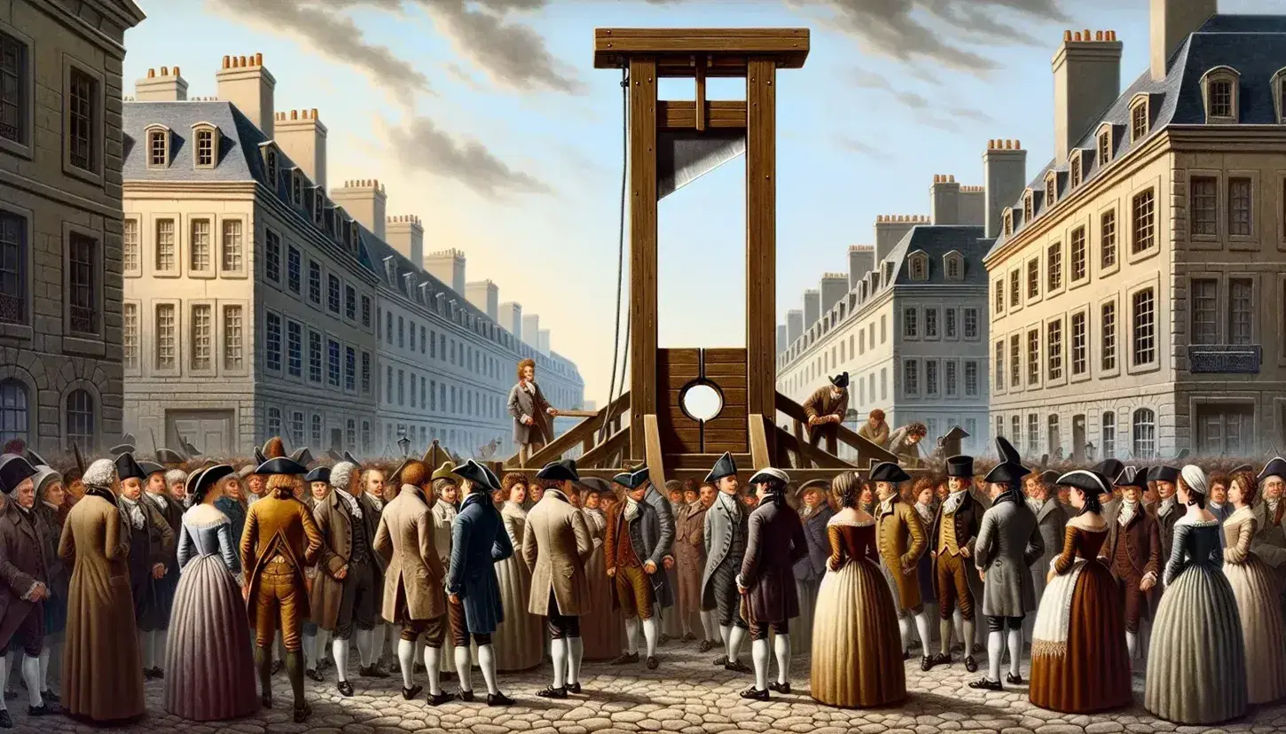 Scena della Rivoluzione Francese con ghigliottina centrale, folla in costumi d'epoca e gruppo di sans-culottes animati sotto cielo terso.