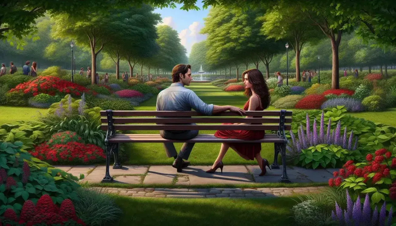 Dark wooden bench with Caucasian couple sitting in green park, man in light blue shirt, woman in red dress, colorful flowers and shady trees.