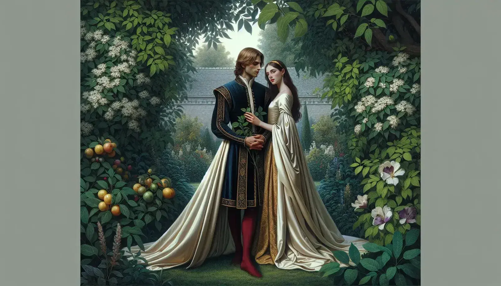 Coppia in abiti medievali eleganti in giardino, uomo in tunica blu offre fiori a donna in abito avorio con cinta oro.