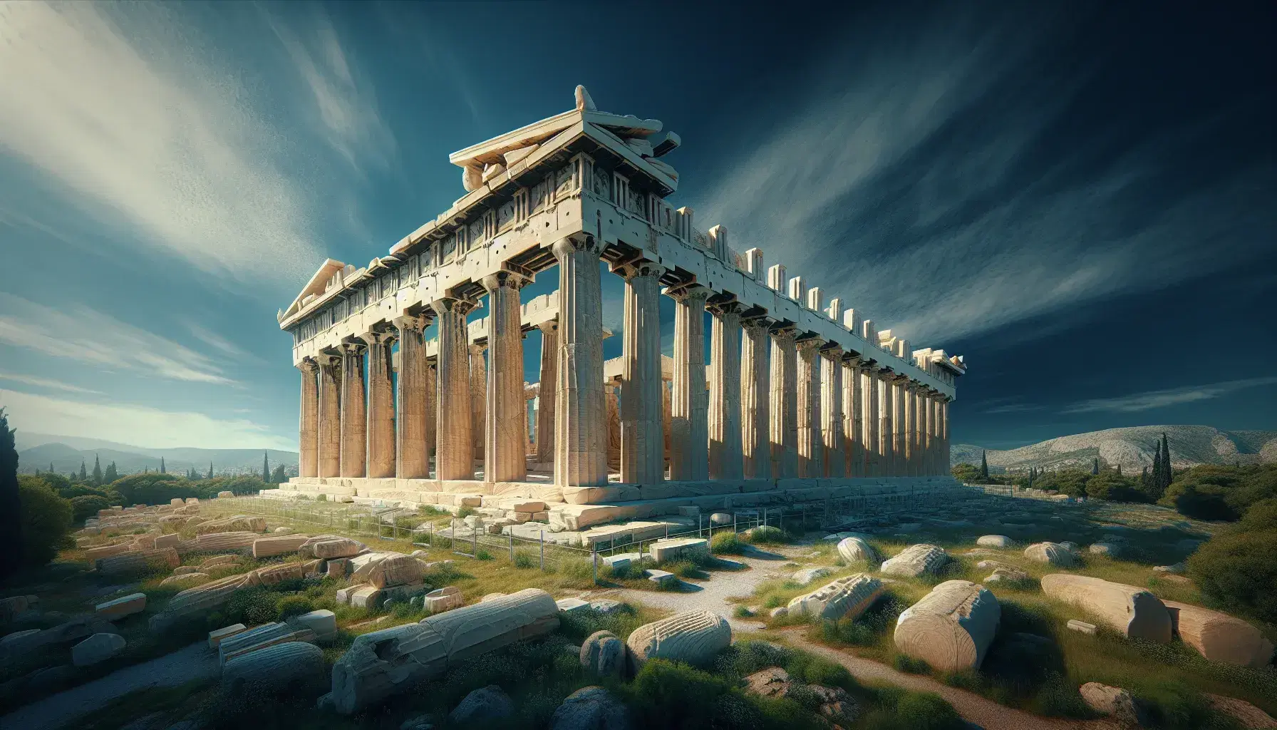 Partenone di Atene in marmo bianco, colonne doriche e pedimento con tracce scultoree sotto cielo azzurro, senza persone.