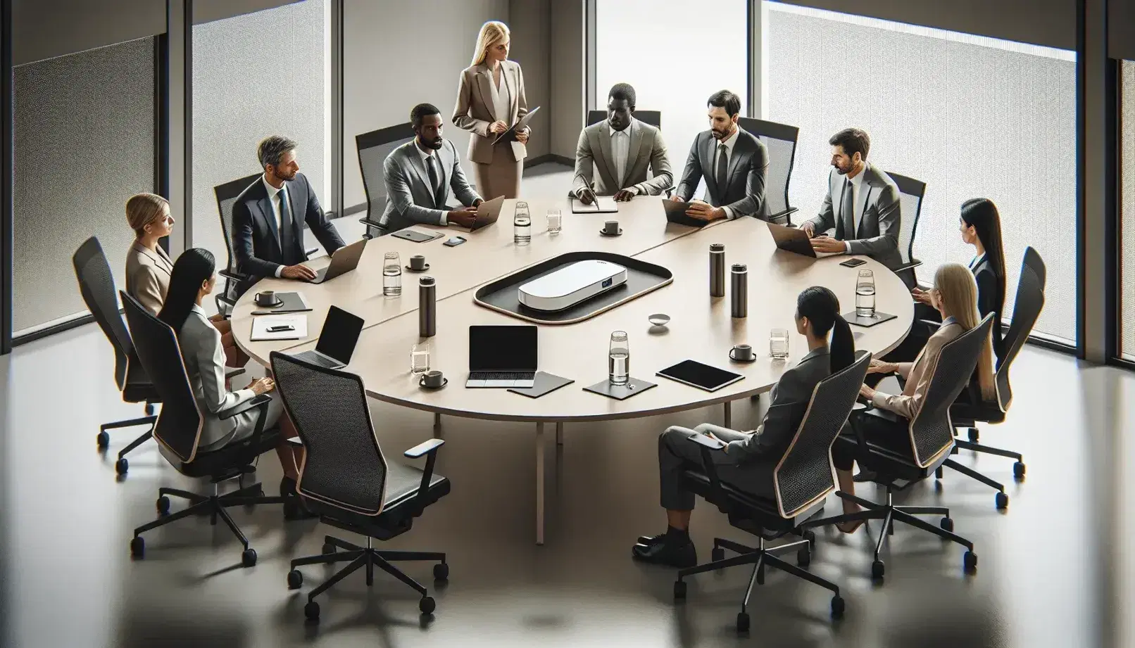 Diverse team of professionals engaged in a meeting around an oval table with laptops, tablets, and a speakerphone in a bright office.