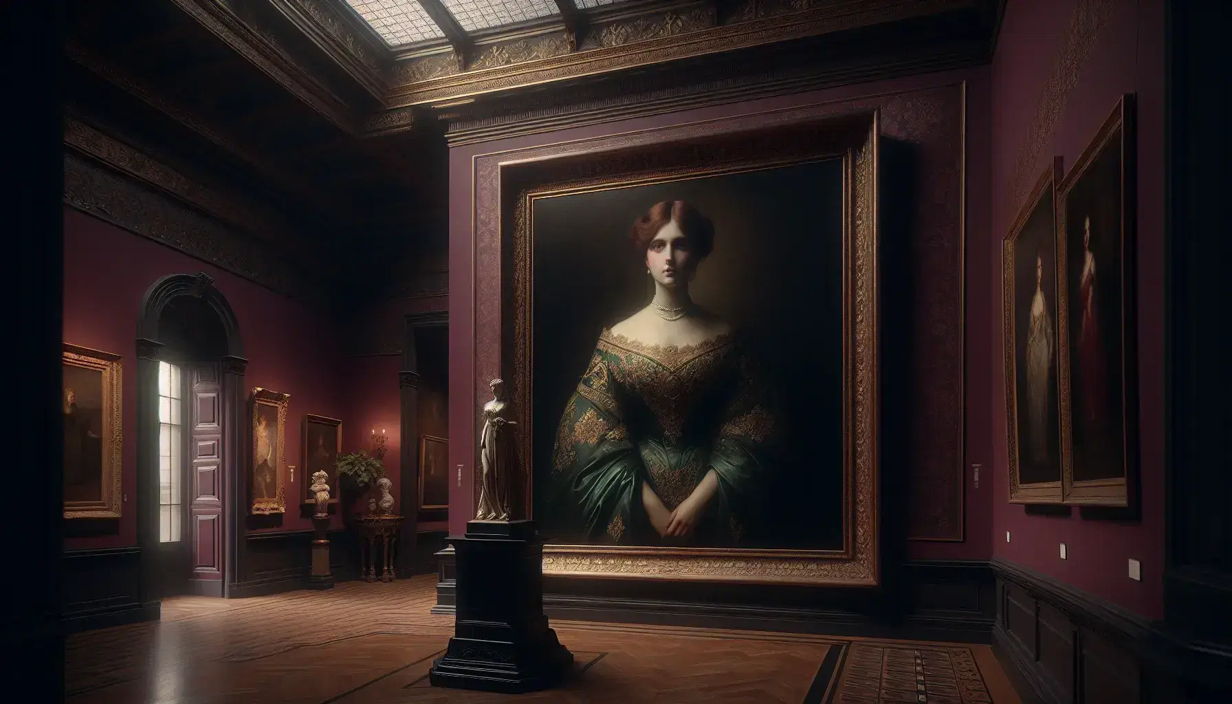 Victorian-era gallery with a life-sized portrait of a woman in a green gown, a dark wood frame, and a marble Greek goddess statue.