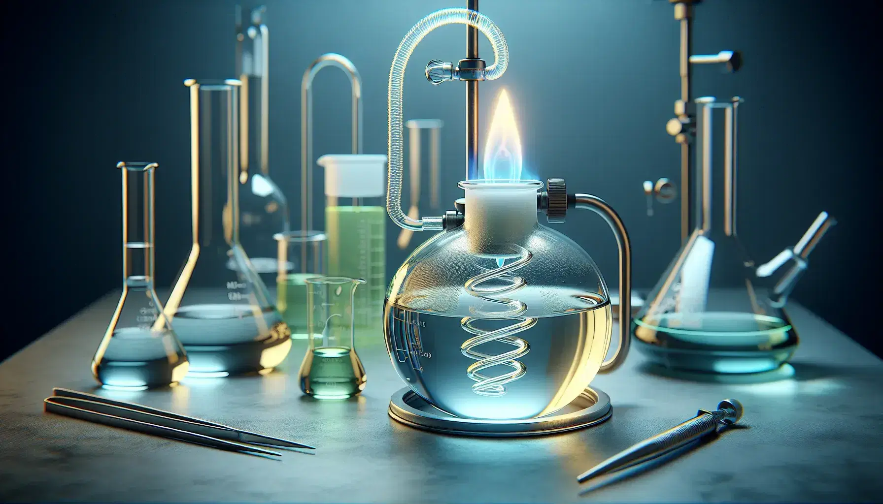 Laboratory with a round bottom flask containing pale yellow liquid, heated by a blue Bunsen burner, connected to a vertical condenser.