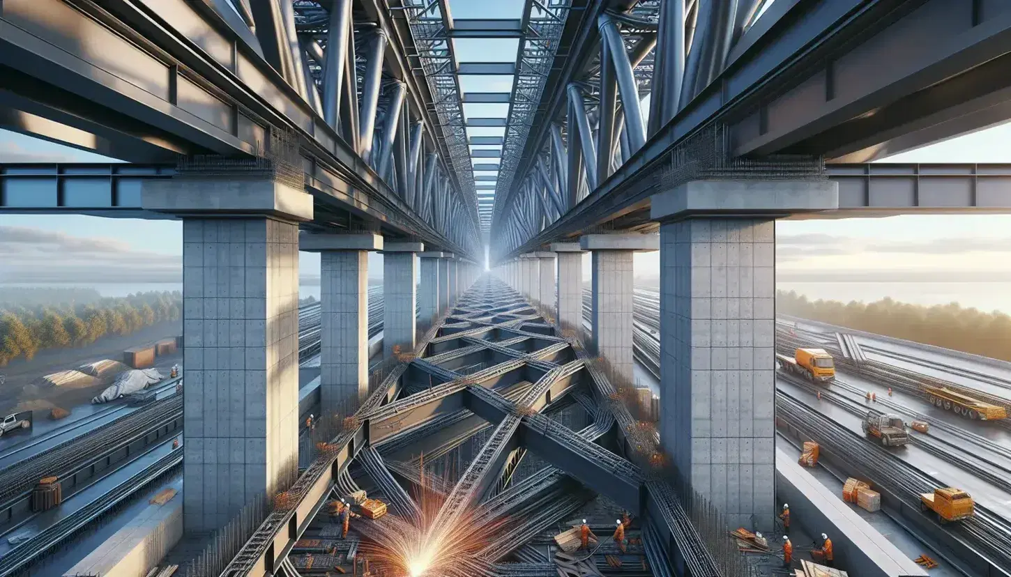 Construcción de puente de acero con pilares de hormigón y trabajadores soldando, bajo un cielo azul claro.