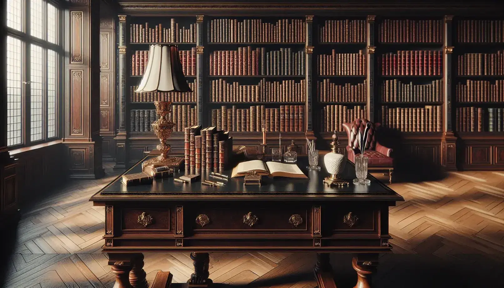 Biblioteca clásica con estantes de madera oscura llenos de libros encuadernados en cuero, mesa central con lámpara de bronce y tintero, silla con cojín de terciopelo rojo y suelo de parqué iluminado por la luz de una ventana.