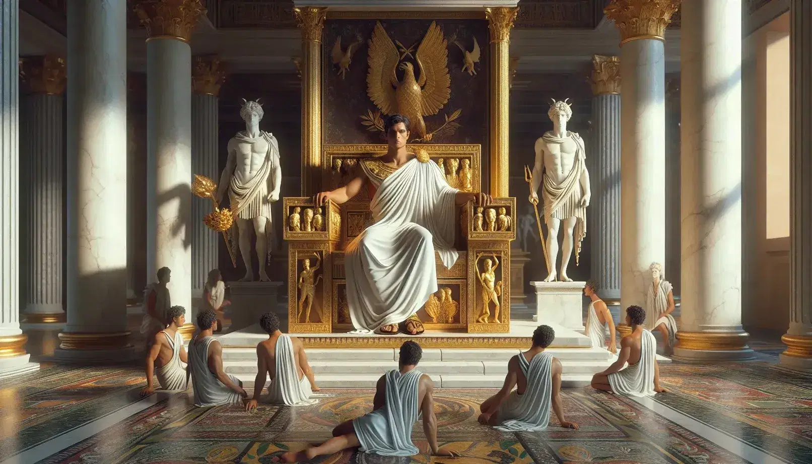 Imperatore romano in toga bianca siede su trono dorato in sala del trono antica, circondato da statue di divinità e sudditi in adorazione.