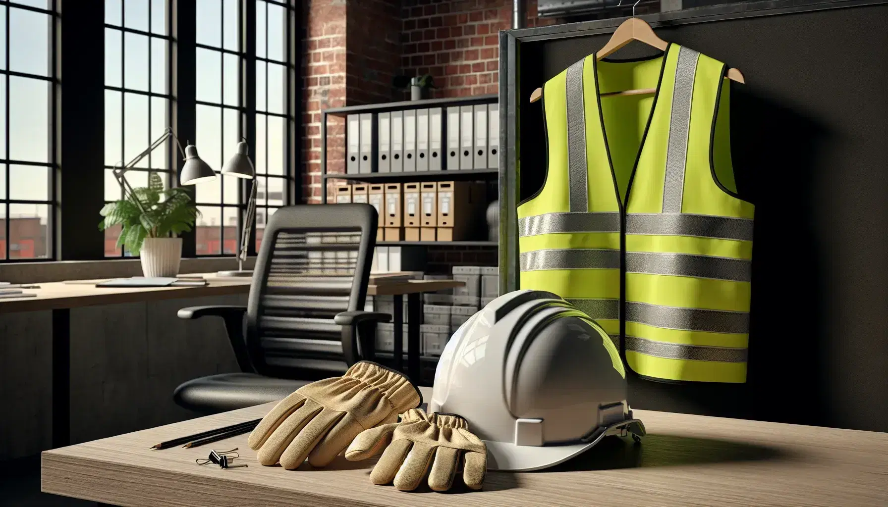 Casco de seguridad blanco y guantes de trabajo sobre mesa de madera, chaleco reflectante en silla de oficina y planta en archivador, en un entorno de oficina industrial.
