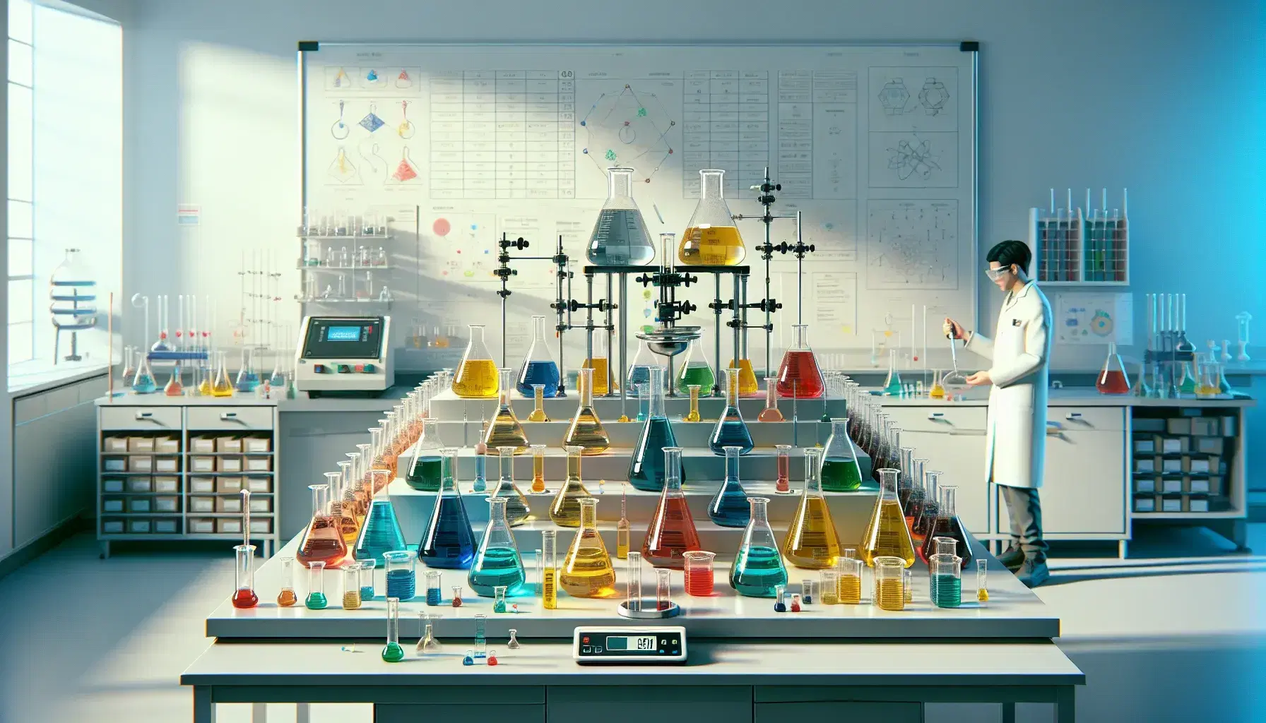 Laboratory with central table organized with beakers of colored liquids, person in lab coat using pipette, digital scale and shelves with containers.