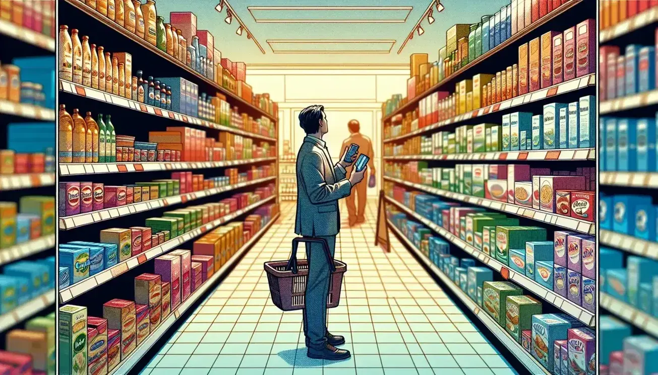 Cliente comparando productos en estanterías de supermercado, con cesta de compra y estantes llenos de artículos coloridos en ambiente tranquilo.