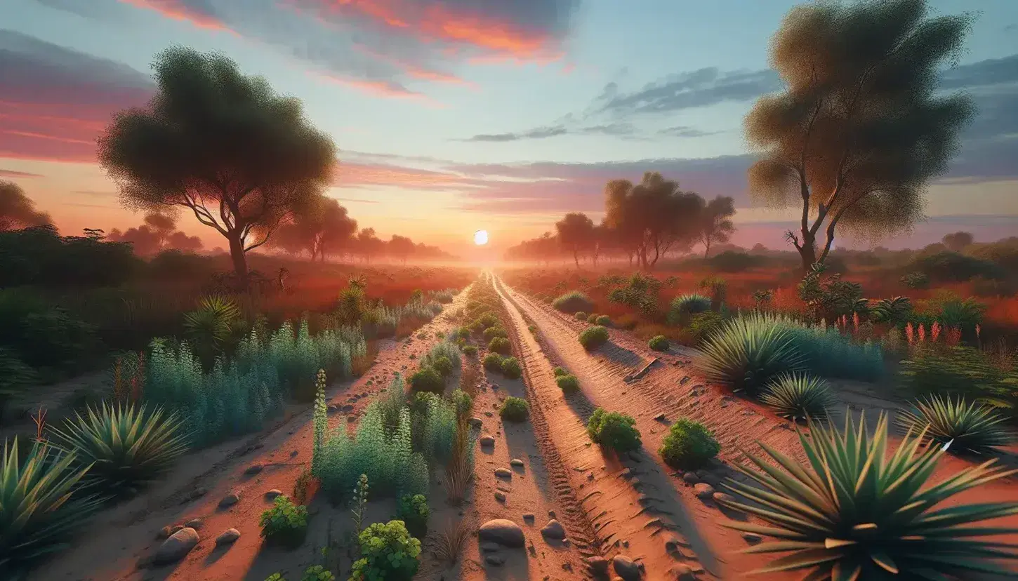 Paisaje natural al atardecer con camino de tierra, árboles frondosos y cielo degradado de naranja a azul con nubes teñidas por el sol.