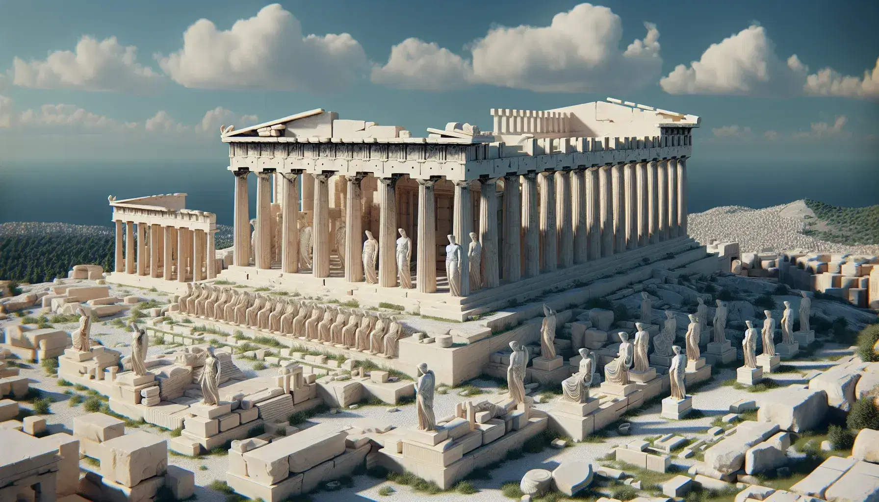 Reconstrucción tridimensional de la Acrópolis de Atenas con el Partenón y el Erecteión con Cariátides bajo un cielo azul.