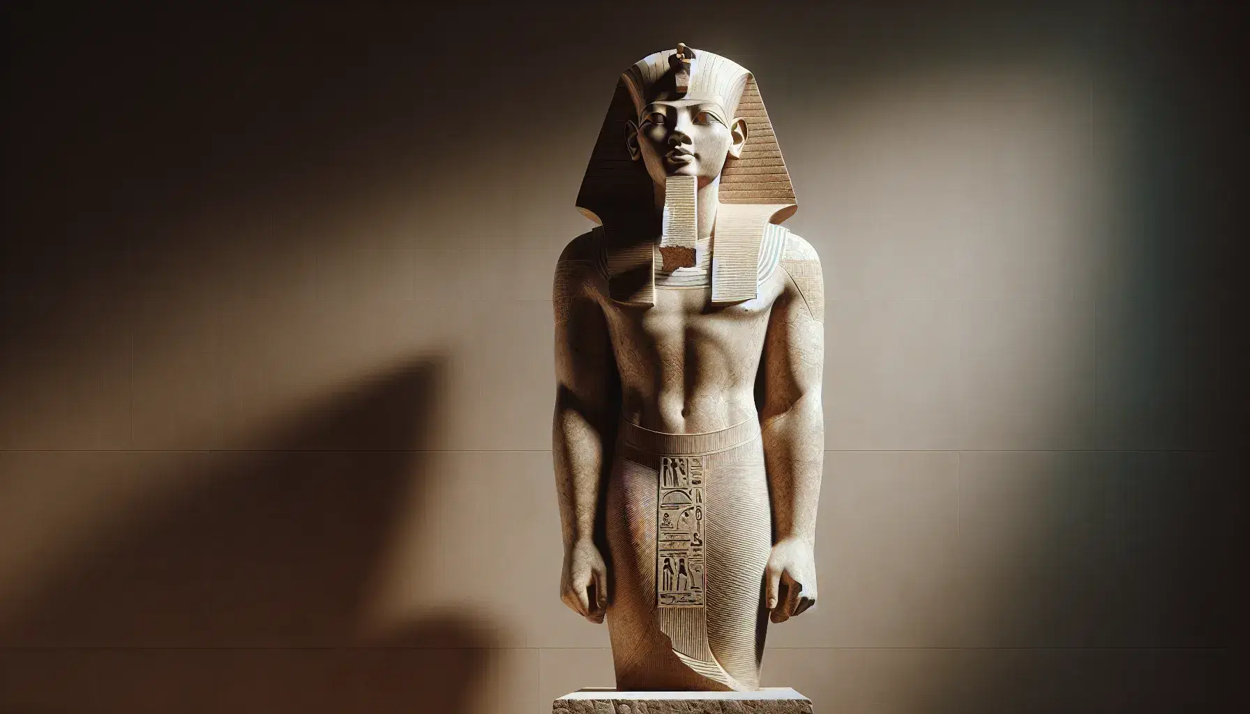 Statua in calcare di Ramses II con nemes, barba rituale e kilt, mani chiuse su fianchi su piedistallo in tonalità beige.