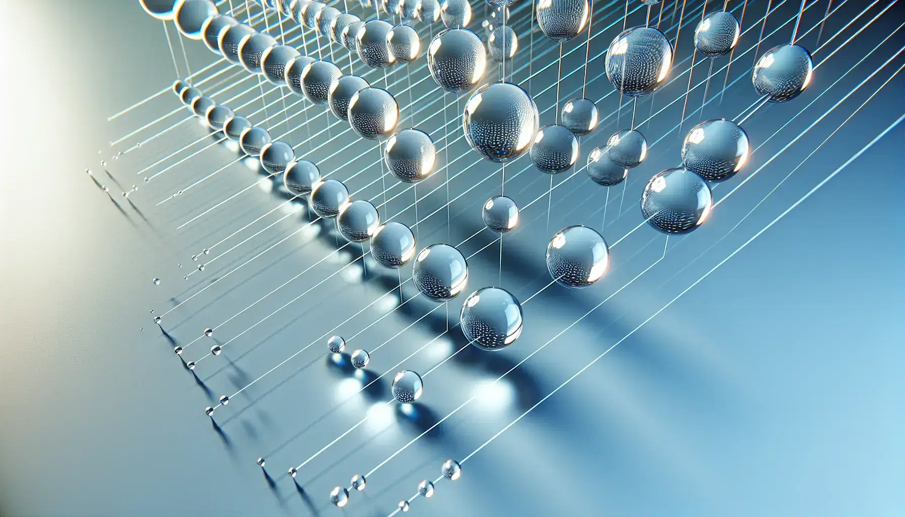 Transparent spheres in descending sizes aligned diagonally with parallel white lines intersecting them against a light blue background, reflecting soft light.