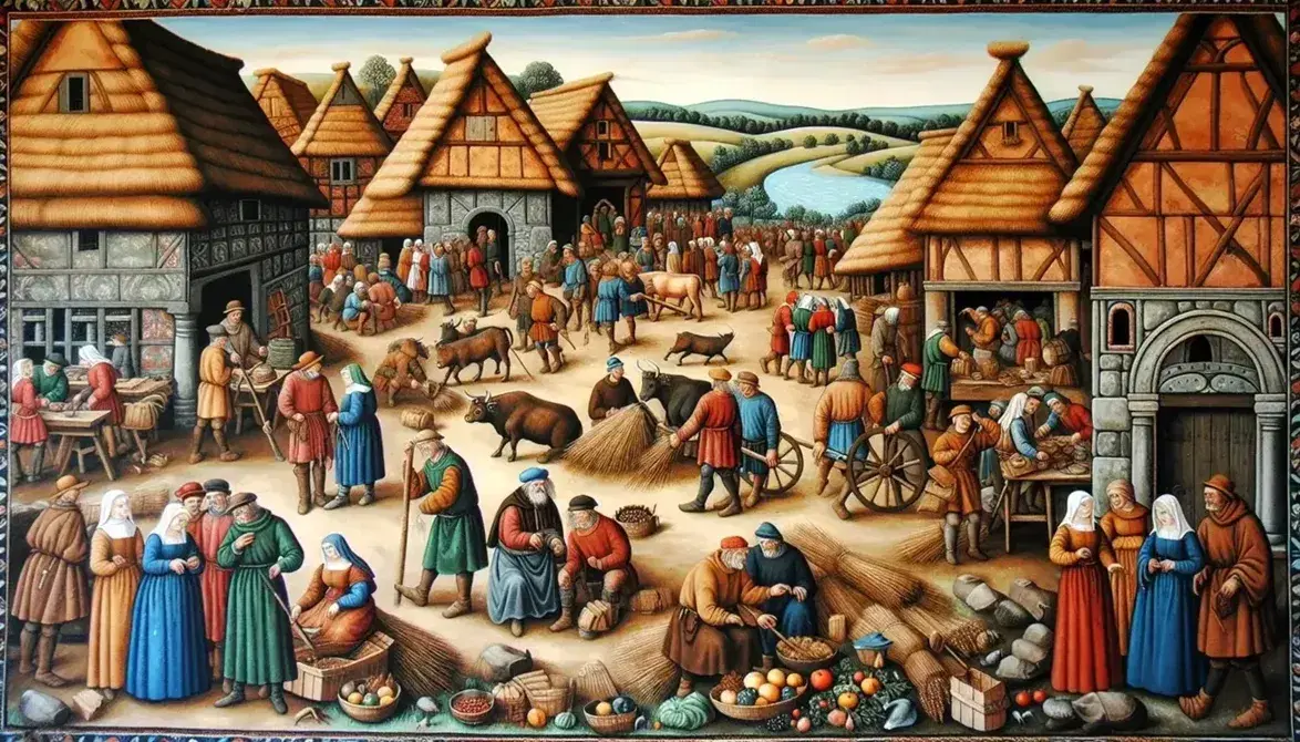 Scena vivace di mercato medievale con contadini, bestiame e fiume in un villaggio storico, sotto un cielo azzurro con nuvole.