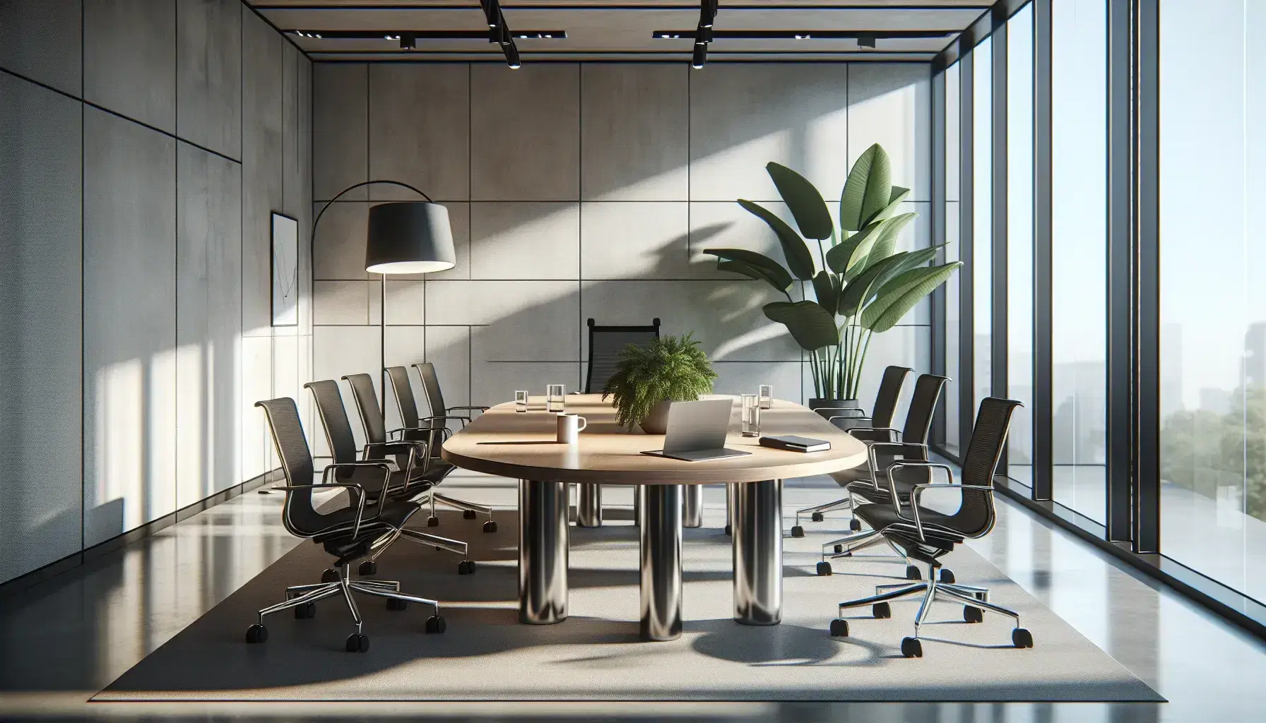 Modern office with large window, oval wooden conference table, ergonomic chairs, laptop, coffee mug, water glass, notebook, potted plant, and minimalist floor lamp.