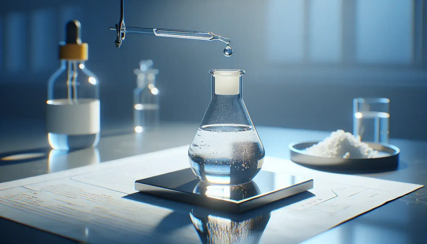 Glass vial on reflective laboratory bench with colorless liquid and bubbles, dropper with yellowish liquid above, and white crystals beside.