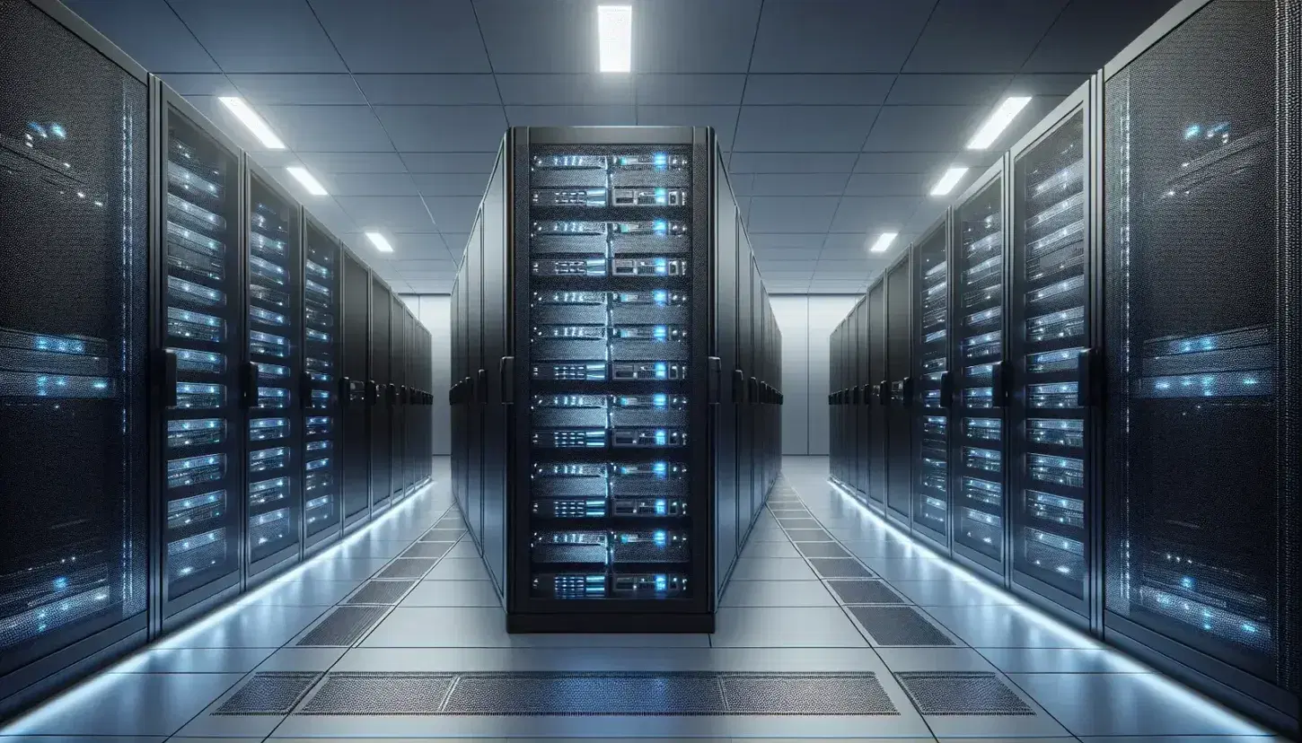 Modern data center with rows of black servers illuminated by blue LEDs, gray raised floor for cooling and ceiling with air ducts.