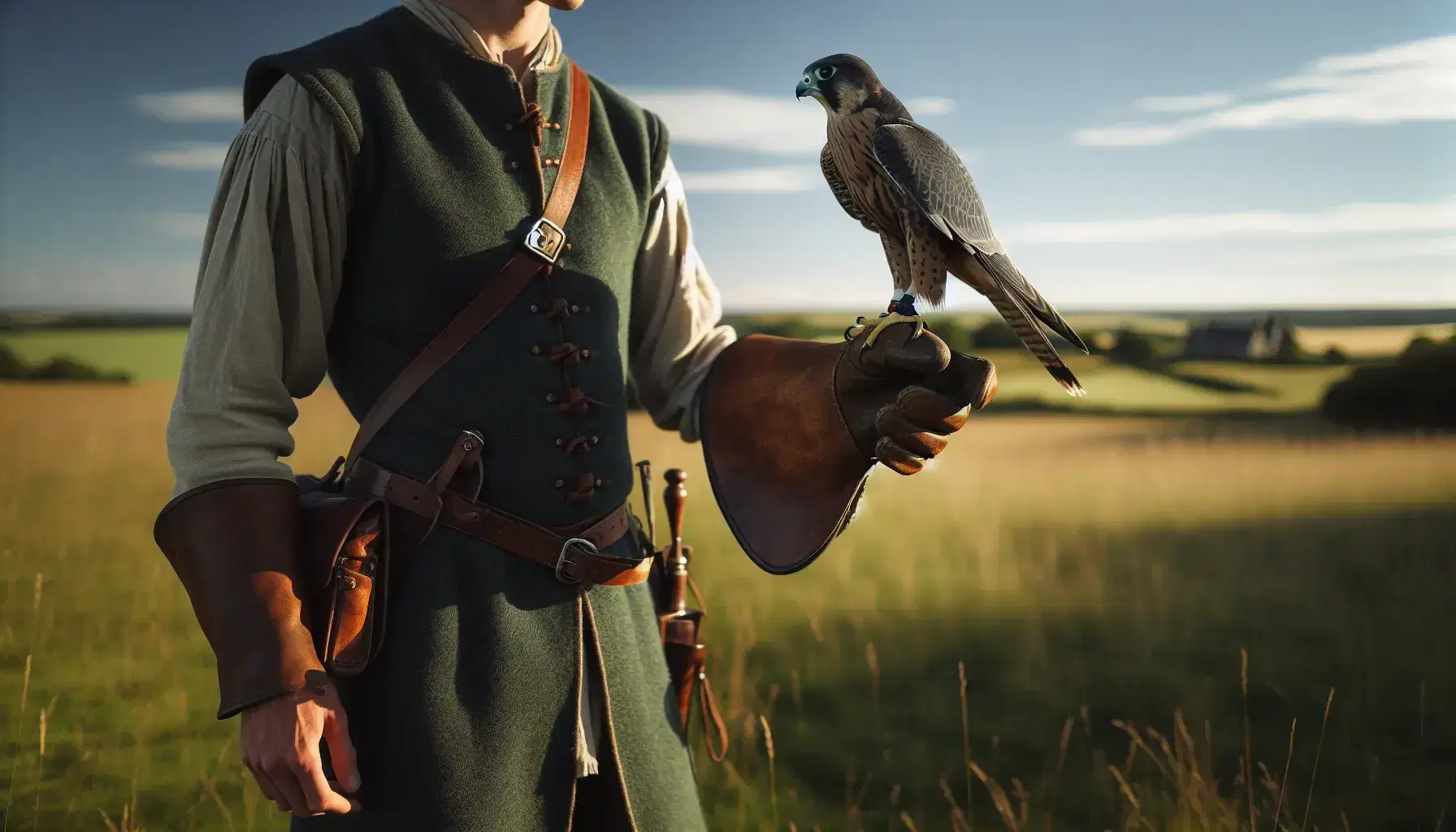 Falconer in traditional attire with a hooded peregrine falcon on their gloved left hand, standing in a grassy field under a clear blue sky.