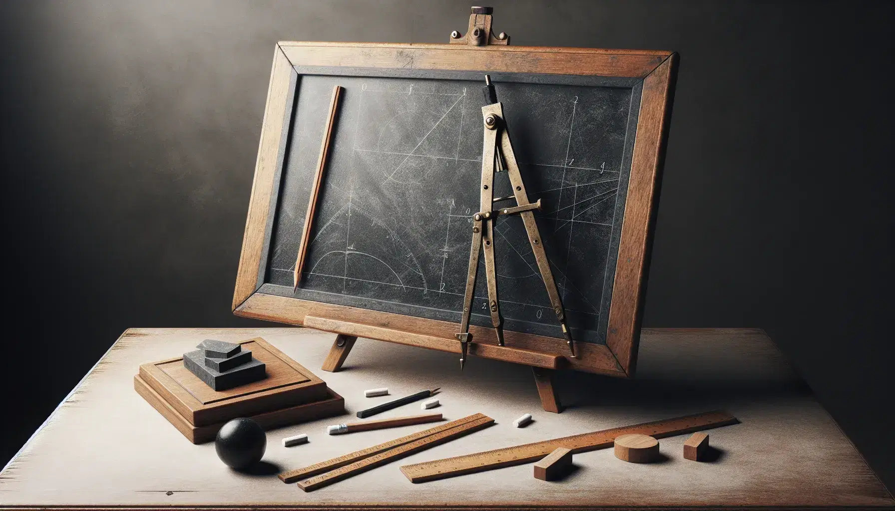 Vintage slate blackboard on wooden easel with brass compass, ruler and wooden geometric shapes on light table, in blurred environment.