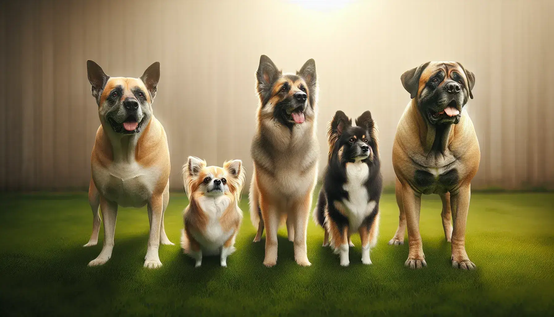 Chihuahua, Border Collie, German Shepherd, and English Mastiff standing in profile on a sunny park lawn, showcasing breed characteristics.