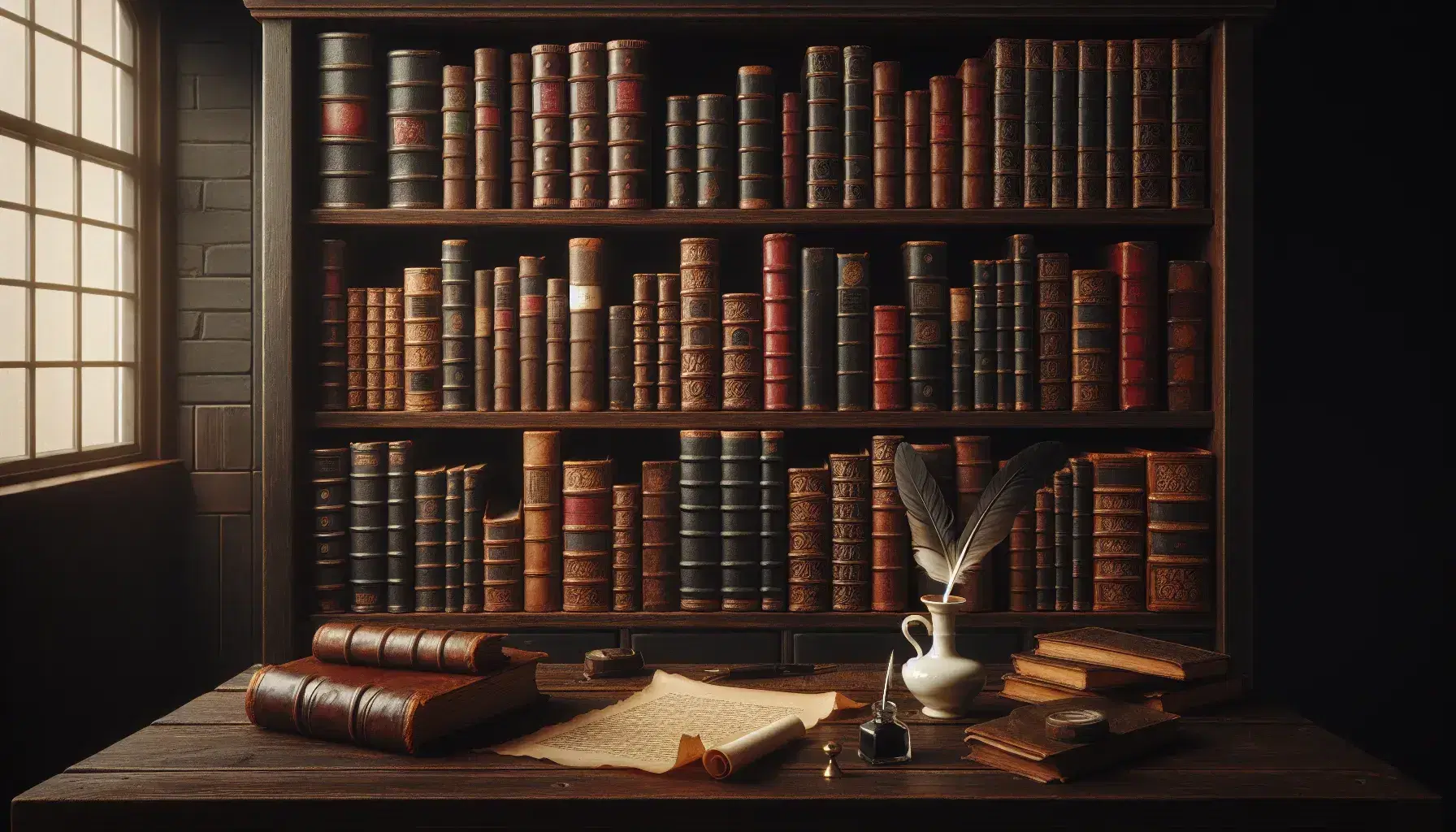 Estantería de madera oscura con libros antiguos de lomo de cuero en tonos marrones, rojos y verdes, junto a tintero de porcelana y pluma sobre mesa.