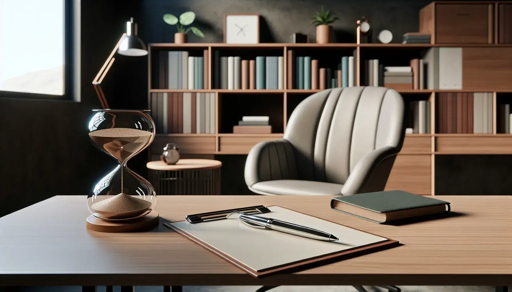 Consultorio psiquiátrico con mesa de madera, notepad abierto, reloj de arena, sillas ergonómicas y estantería con libros y decoración, iluminado naturalmente.
