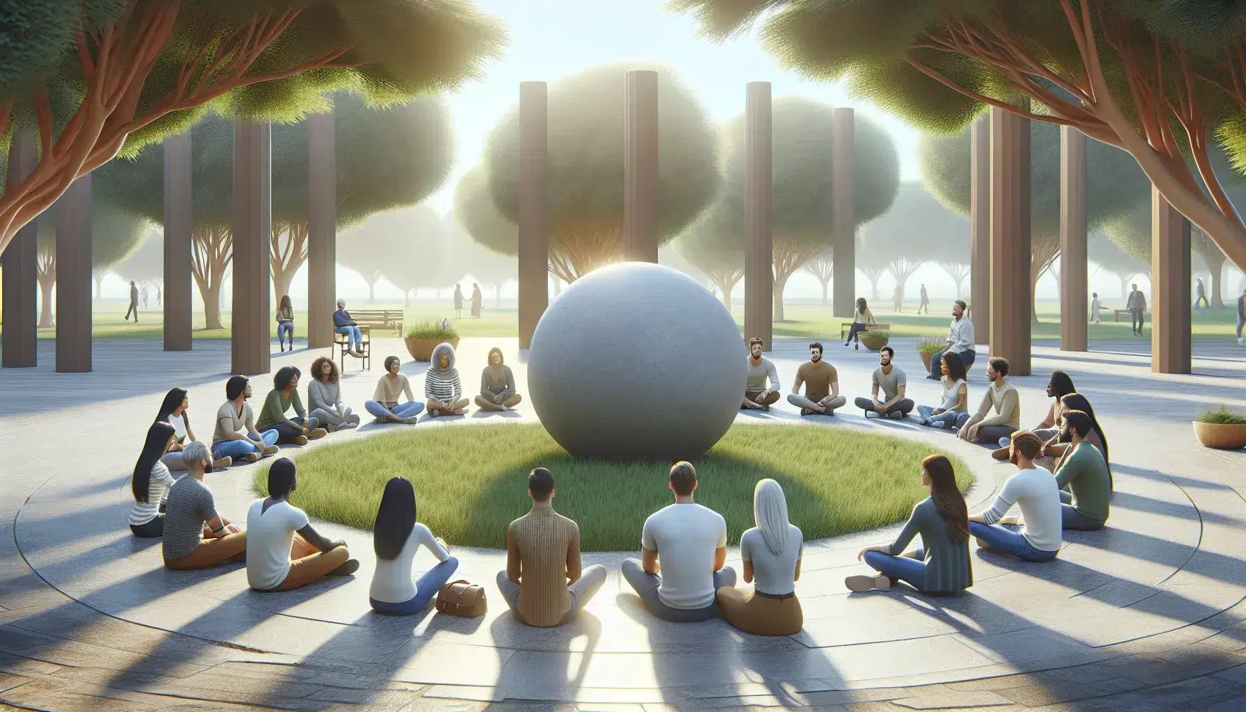 Grupo diverso de personas en círculo alrededor de una esfera de piedra en un parque, debatiendo en un ambiente sereno con árboles y cielo despejado.