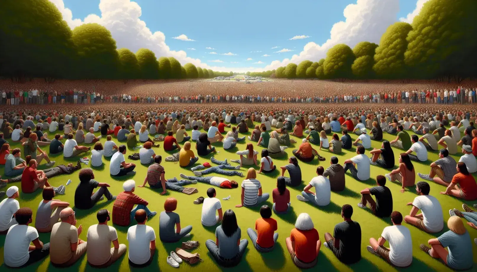 Diverse crowd gathered in a park on a sunny day, attentively watching an event, with some people sitting on grass and others standing with hands raised.