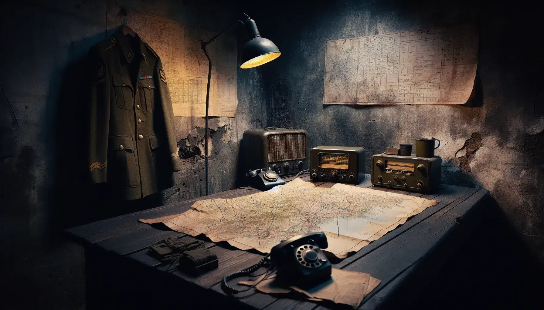 Stanza bunker con mappa militare su tavolo, radio d'epoca e telefono da campo, uniforme appesa e luce soffusa.