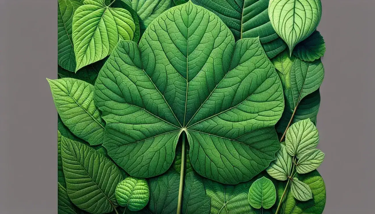 Foglia verde con vena centrale spessa e vene sottili, circondata da foglie di varie forme e petiolo visibile.