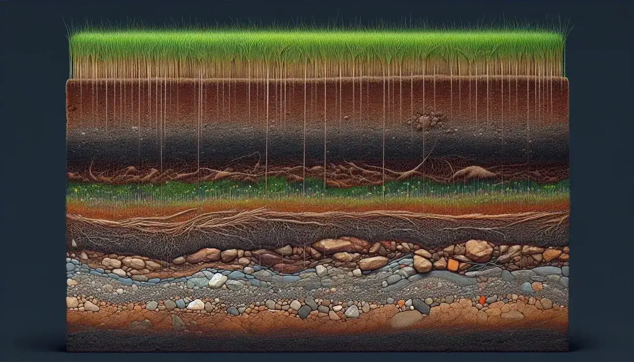 Sección transversal de suelo mostrando capa de césped verde, subsuelo marrón oscuro con raíces y piedras, y estratos de tierra más claros con grava en la base.