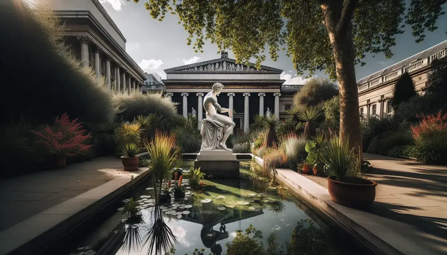 Statua in marmo bianco in giardino ben curato con piante verdi, fiori colorati, edificio neoclassico sullo sfondo e cielo azzurro.