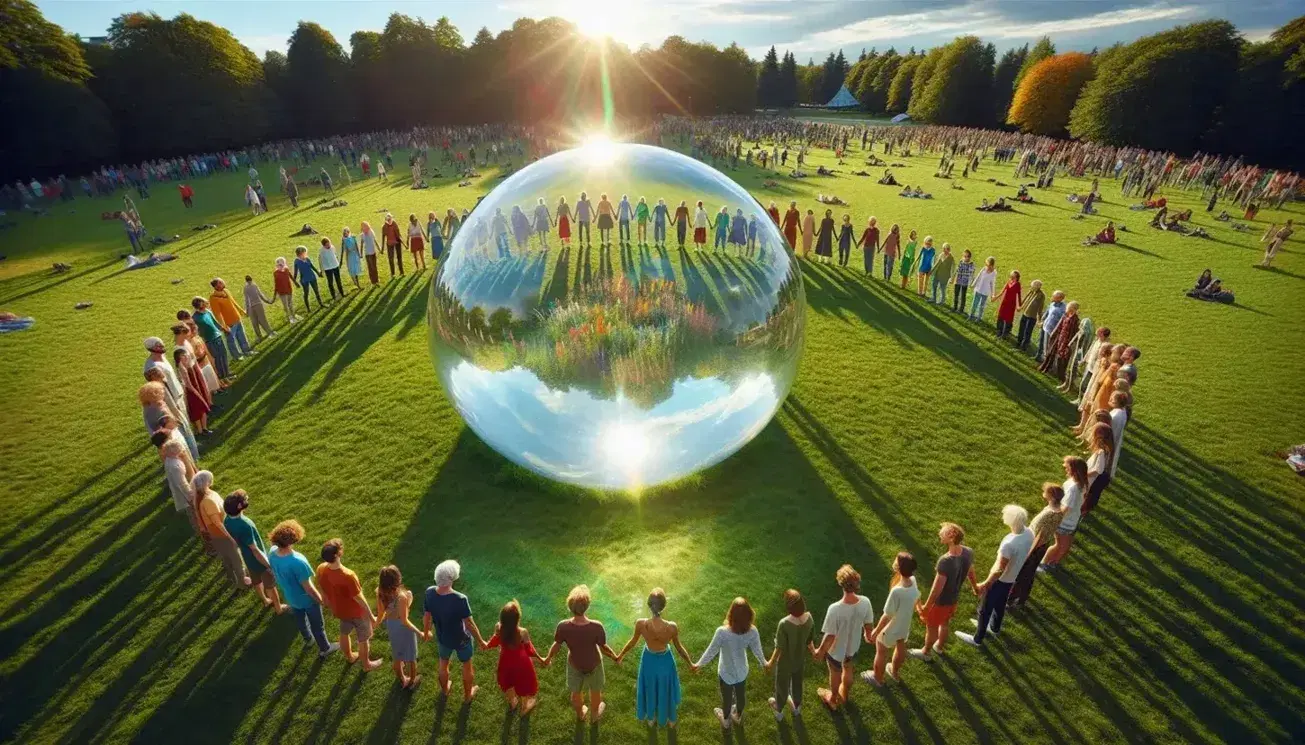 Gruppo multietnico in cerchio tenendosi per mano in un prato con sfera di vetro che riflette il cielo e proietta arcobaleni.