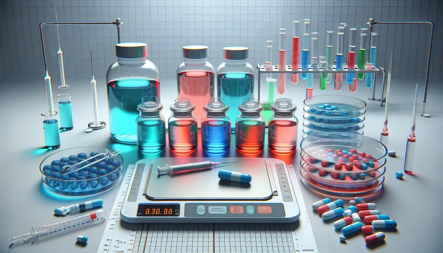 Frascos de vidrio con líquidos de colores y tapas a juego, pipetas, plato de Petri y balanza de laboratorio en un entorno de investigación científica.