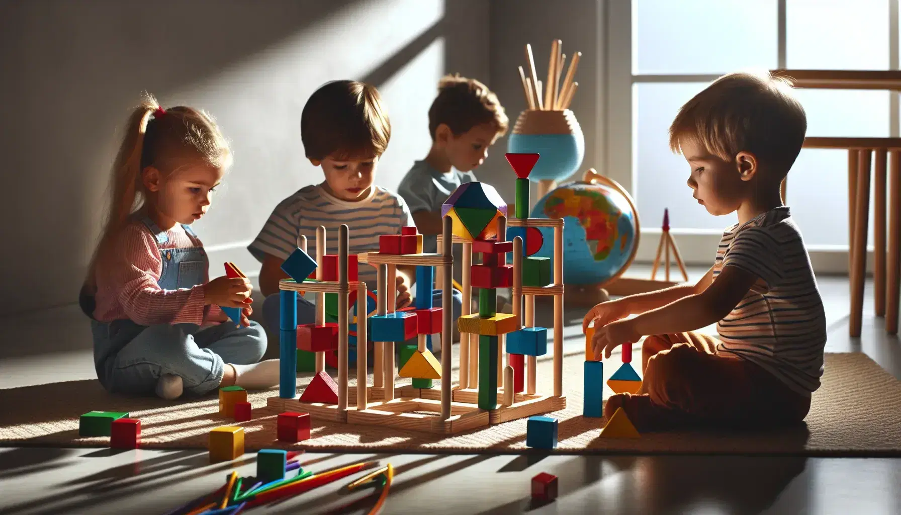 Niños de diversas edades jugando en el suelo con bloques de construcción, rompecabezas geométrico y varillas plásticas, mientras la mayor examina un globo terráqueo.