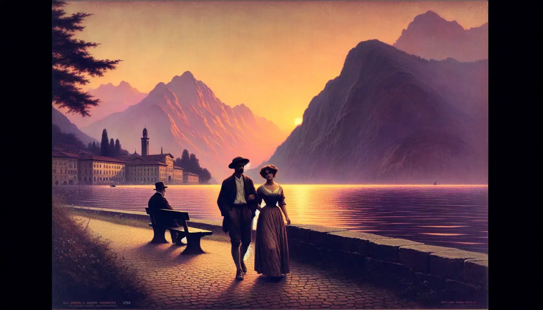 Vista panoramica di Lecco al tramonto con coppia che cammina mano nella mano e anziano seduto su panchina, riflessi del cielo sul lago.