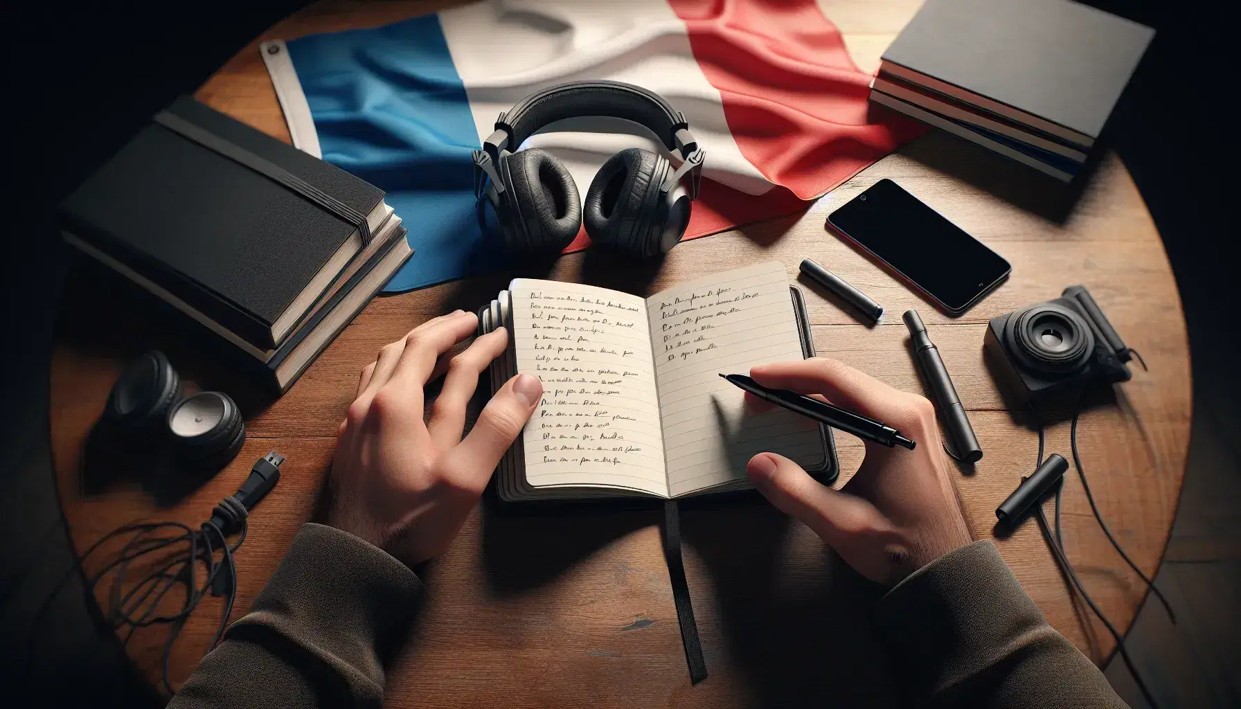 Hands holding a pen over a blank notebook with headphones, a draped French flag, a stack of books, and a turned-off smartphone in the background.