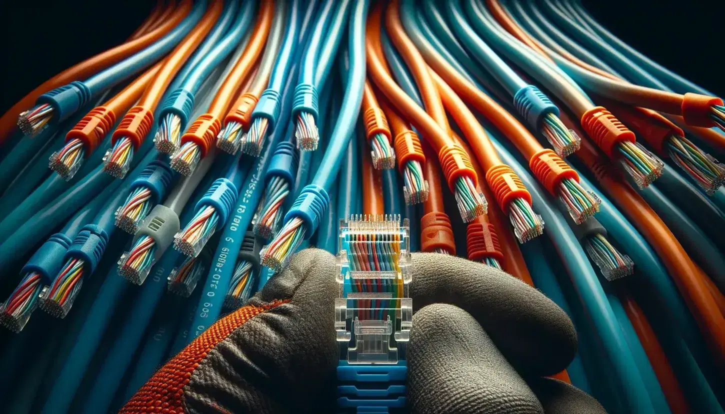 Cables UTP de colores azul, verde, naranja y rojo alineados horizontalmente con un conector RJ45 sostenido por una mano con guantes de fondo.