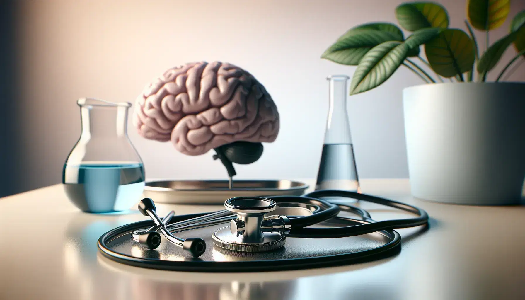 Rolled black stethoscope on stainless steel tray, blurred human brain model in background, beaker with light blue liquid and green plant.