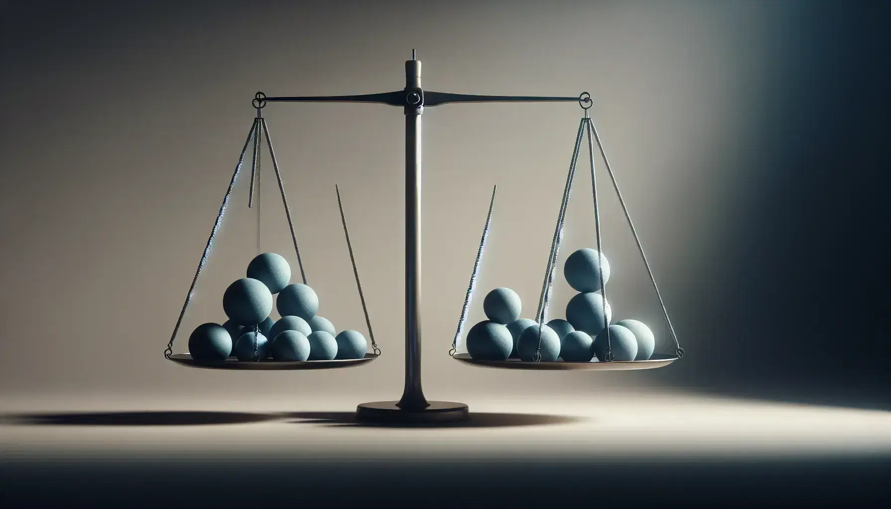 Bilance in equilibrio con sfere simmetriche su piatti, sfumatura progressiva verso lo sfondo chiaro, illuminazione dall'alto a sinistra.