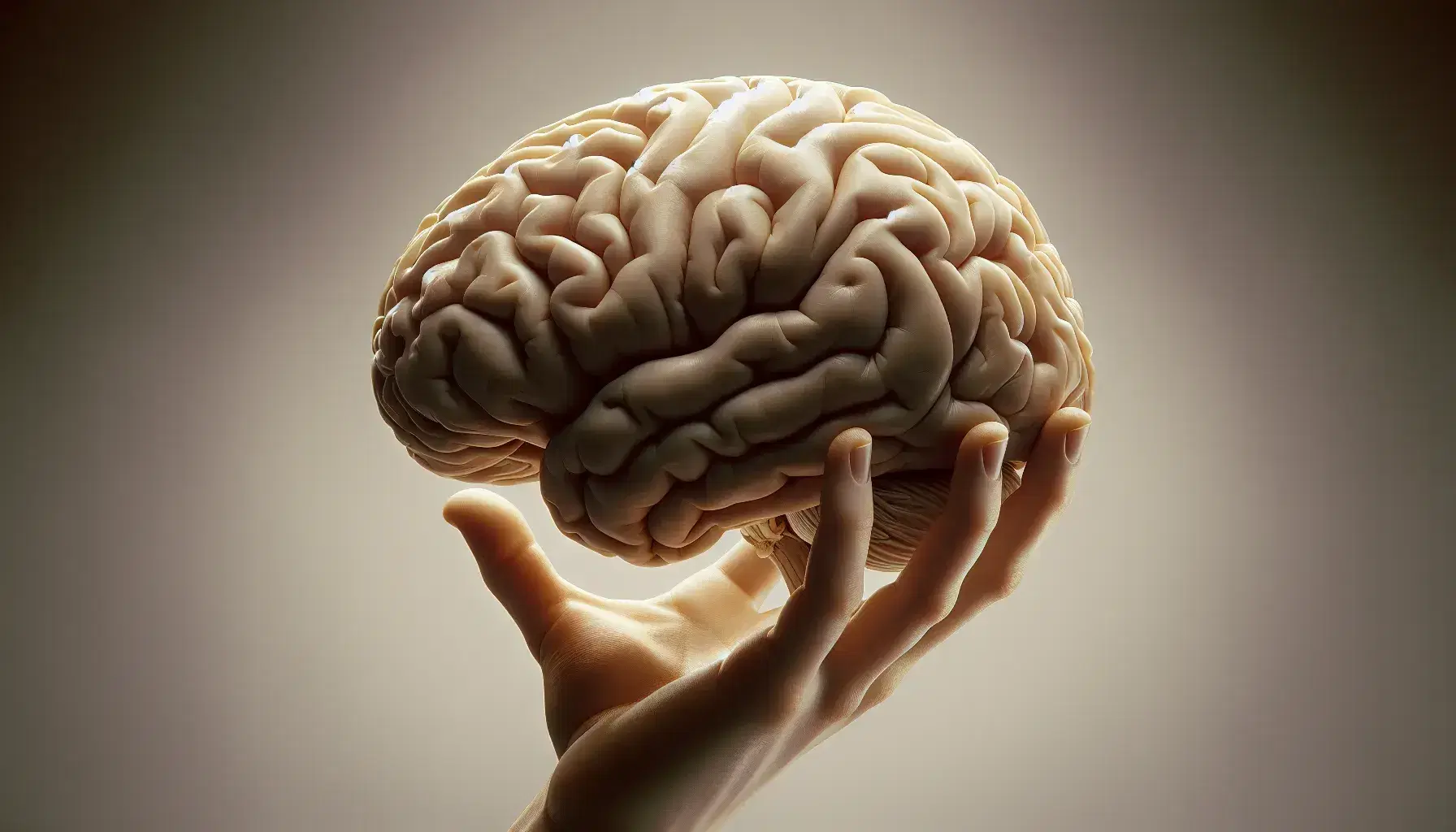 Vista lateral del cerebro humano enfocando el cerebelo texturizado y una mano con la palma hacia arriba en primer plano, sobre fondo neutro.