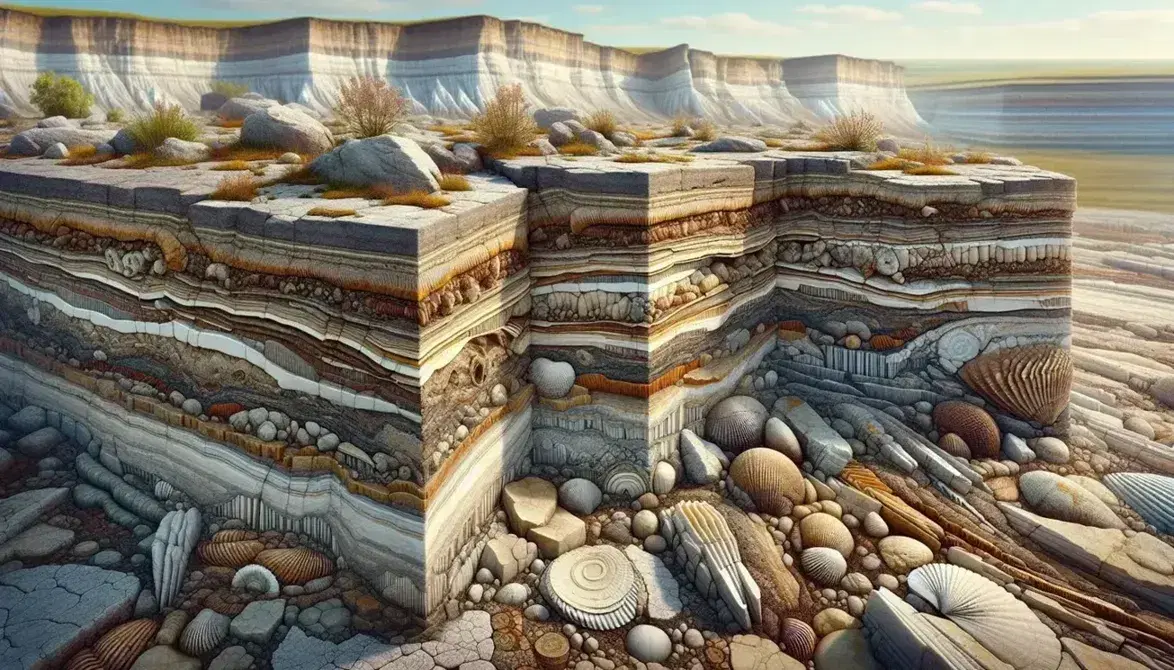 Strati sedimentari colorati da marrone chiaro a grigio scuro con impronte fossili e frammento di roccia organogena, paesaggio naturale sullo sfondo.