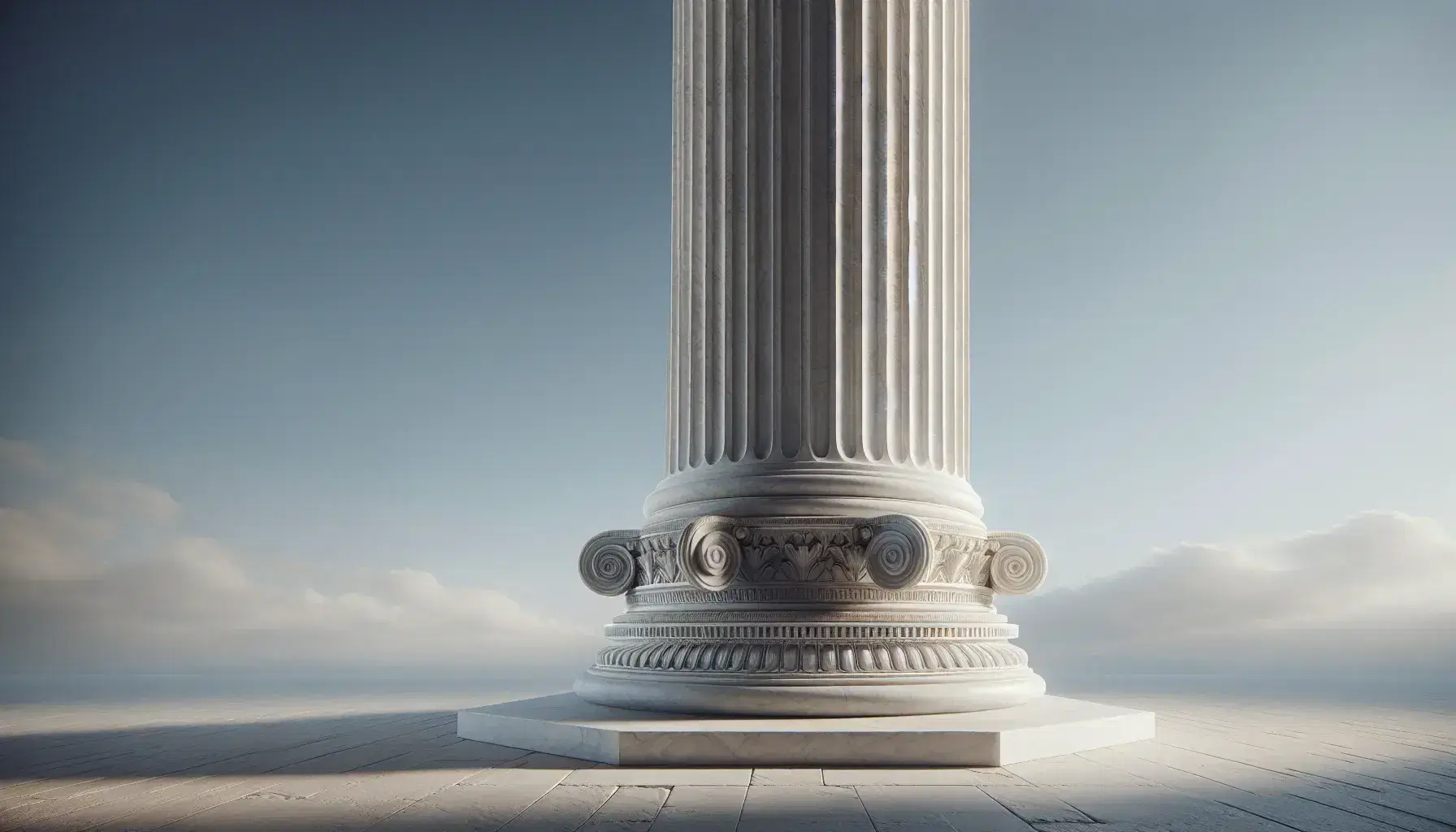 Columna jónica clásica de mármol blanco con capitel decorado y friso en relieve, bajo un cielo azul despejado.
