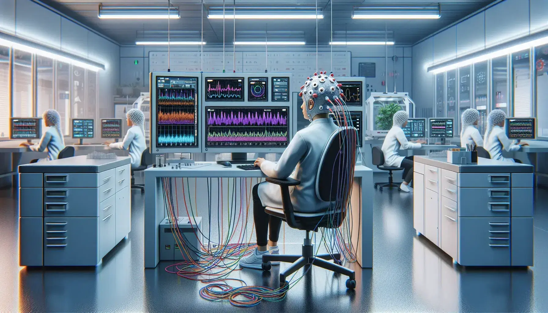 Laboratorio di neuroscienza con soggetto collegato a elettrodi e casco per EEG, ricercatore al computer, ambiente tecnologico e asettico.