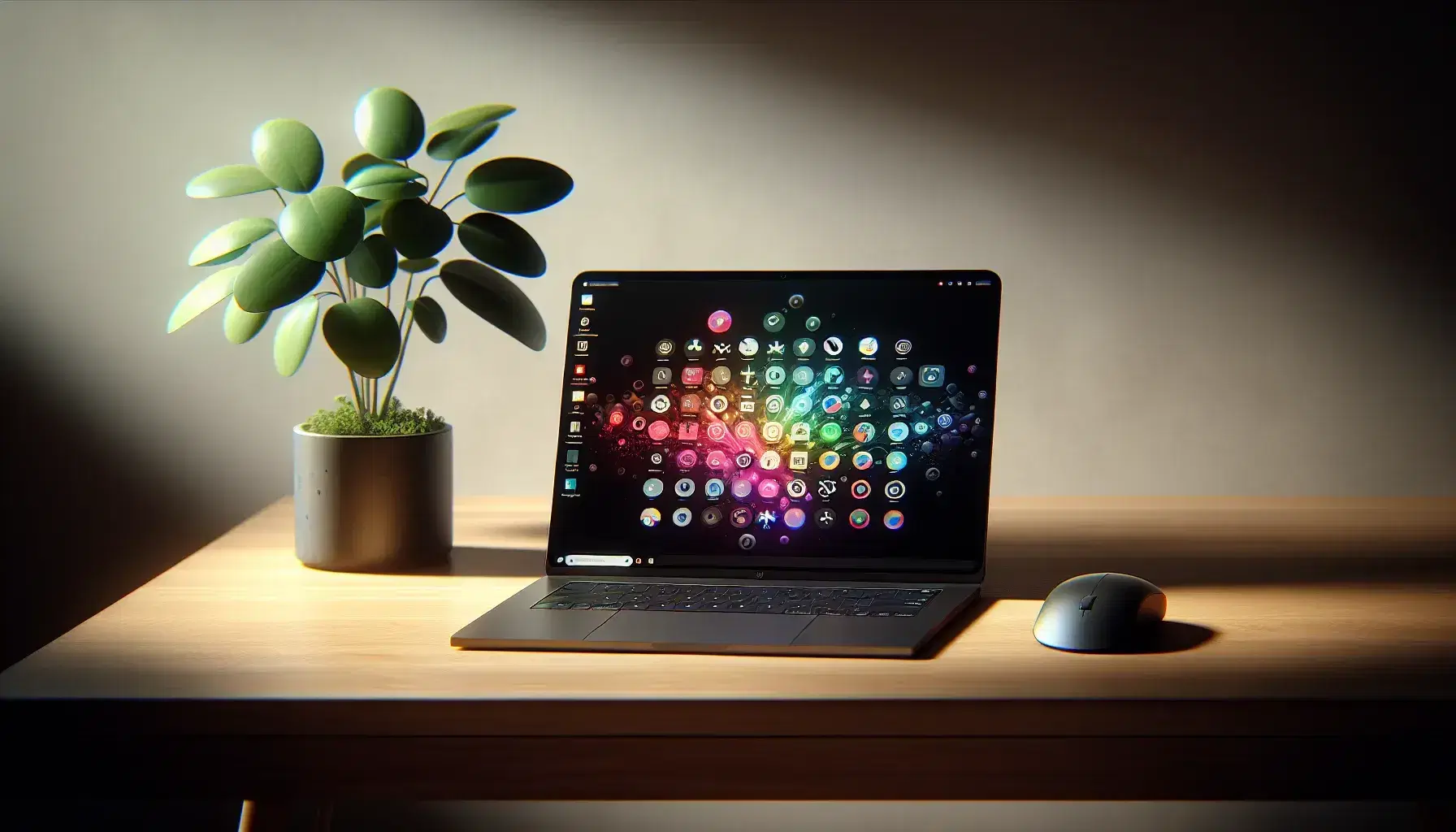 Modern black laptop with colorful app icons on screen, wireless mouse, and potted plant on a wooden desk against a neutral wall, creating a serene workspace.